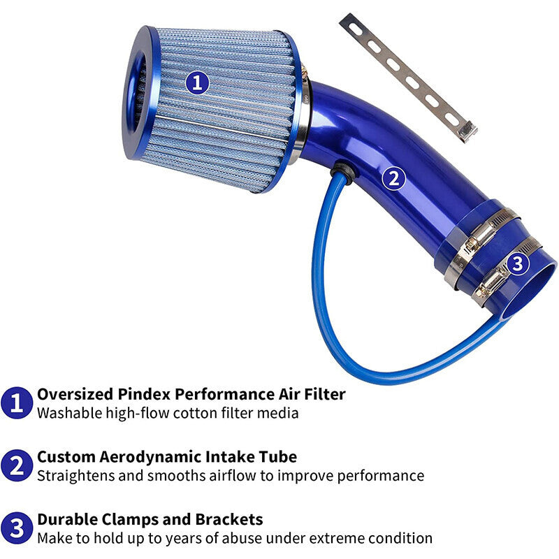 DURAFORCE 3" Cold Air Intake Pipe Universal Induction Kit Aluminum Hose With Filter Blue