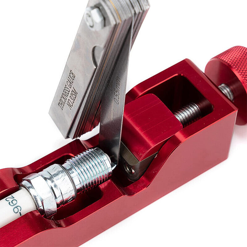 DURAFORCE Engine Spark Plug Gap Gapper Tool with 32 Blades Measuring Tool Metric SAE Red