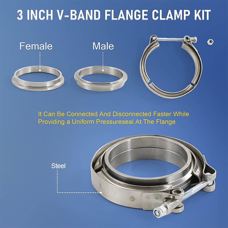 DURAFORCE 4PCS 3 Inch V Band Clamp Kit Male Female Flange Polished Steel Turbo Exhaust 3"