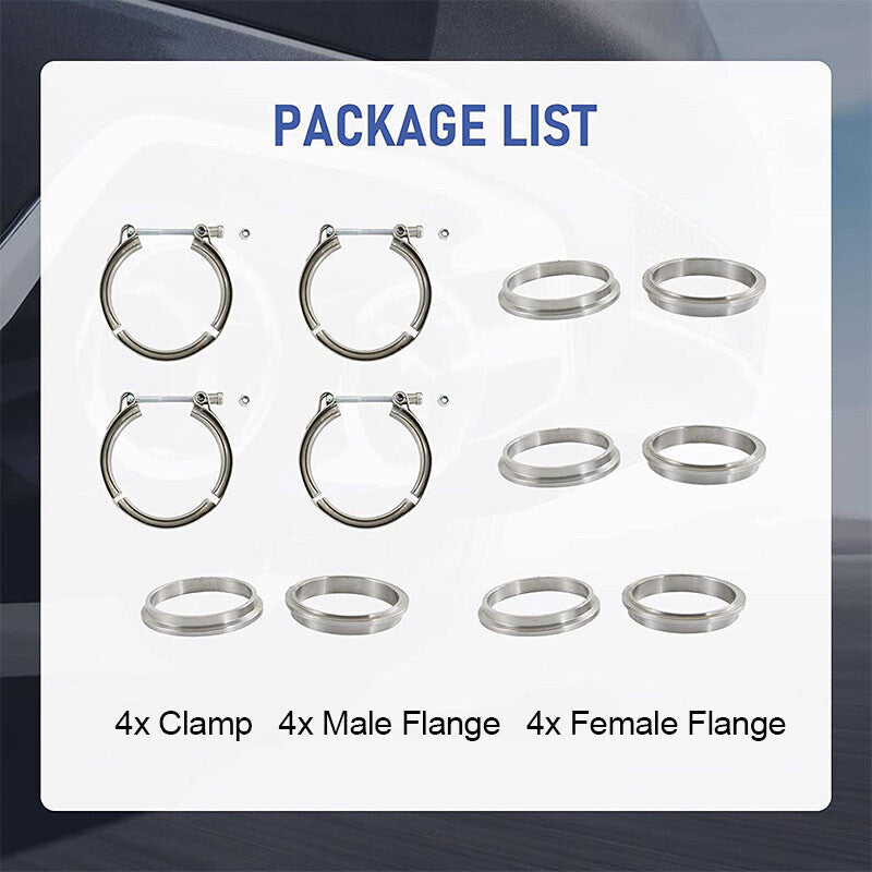 DURAFORCE 4PCS 3 Inch V Band Clamp Kit Male Female Flange Polished Steel Turbo Exhaust 3"