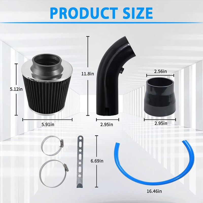 DURAFORCE Black 3" Cold Air Intake Filter Induction Kit Pipe Power Flow Hose System US New