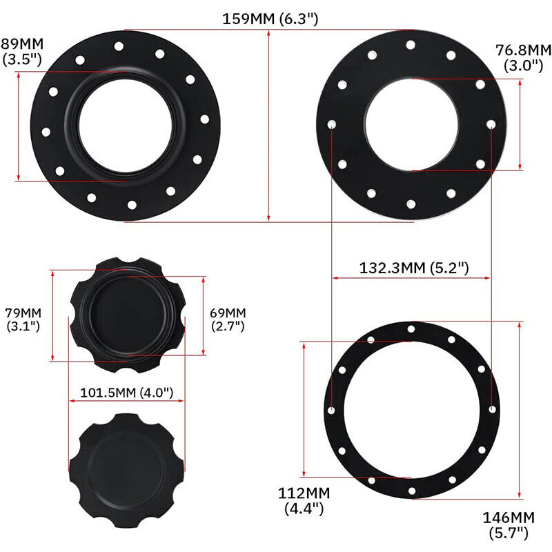 DURAFORCE Billet Aluminum Easy Fill Fuel Cell Gas Cap With 12 Hole Cell Bung & Gasket BK