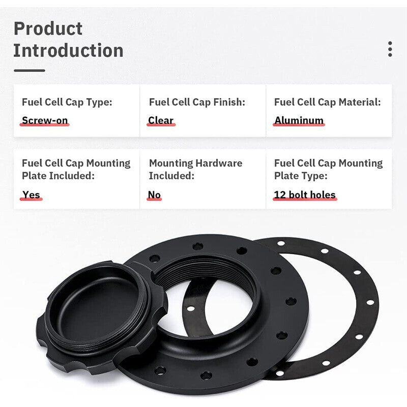DURAFORCE Billet Aluminum Easy Fill Fuel Cell Gas Cap With 12 Hole Cell Bung & Gasket BK