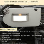 DURAFORCE Left Driver Gray Sun Visor With Lamp for Nissan Pathfinder 2013-2018 96401-9PB0A