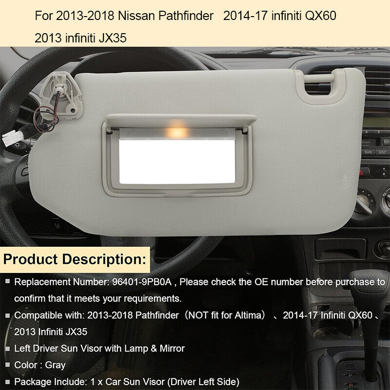 DURAFORCE Left Driver Gray Sun Visor With Lamp for Nissan Pathfinder 2013-2018 96401-9PB0A