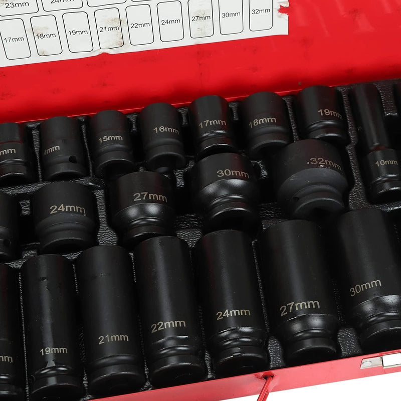 DURAFORCE 35pcs 1/2" Inch Deep Impact Socket Set Drive 8-32mm Metric Garage Sae With Case