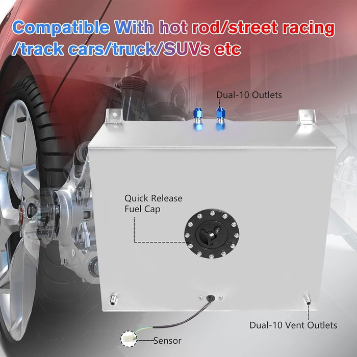 DURAFORCE 20 GALLON POLISHED SLIVE FUEL CELL GAS TANK+CAP+LEVEL SENDER+STEEL FUEL LINE KIT