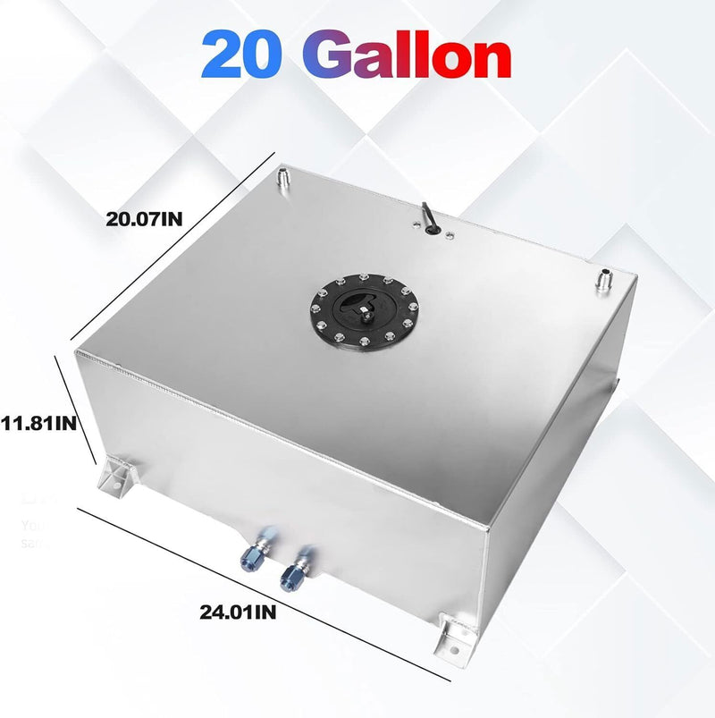 DURAFORCE 20 GALLON POLISHED SLIVE FUEL CELL GAS TANK+CAP+LEVEL SENDER+STEEL FUEL LINE KIT