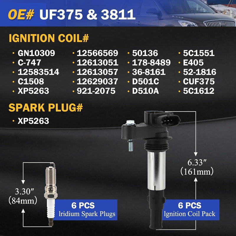 DURAFORCE Set of 6 Ignition Coil + 6 Spark Plug For Cadillac SRX CTS STS GMC Acadia UF375