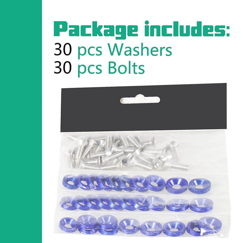 DURAFORCE 30Pcs Blue Billet Aluminum Fender Bumper Washer Bolt Engine Bay Screw Kit Parts