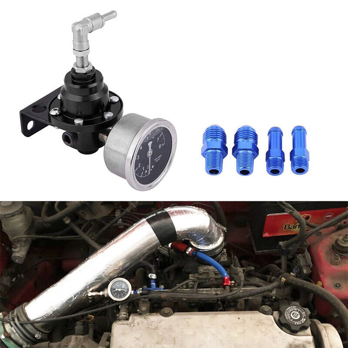 DURAFORCE Universal Adjustable Fuel Pressure Regulator + Gauge+ Fitting Kit Aluminum 0-160