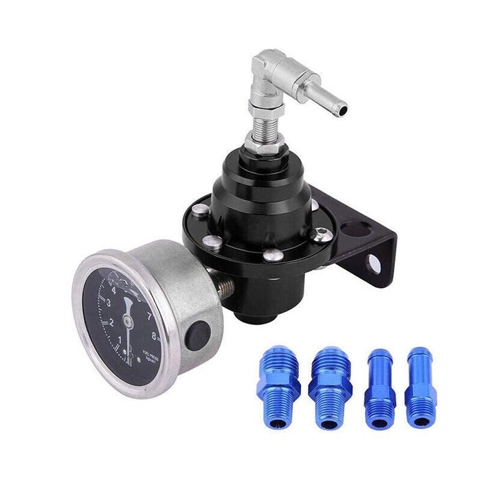 DURAFORCE Universal Adjustable Fuel Pressure Regulator + Gauge+ Fitting Kit Aluminum 0-160