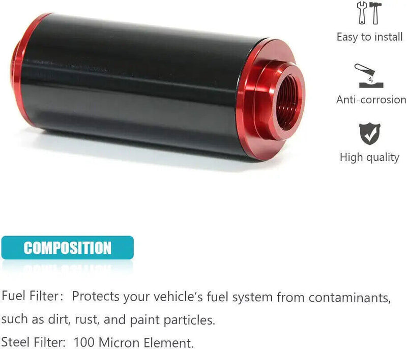 DURAFORCE Inline Fuel Filter High Flow 100 Micron Reusable AN6 AN8 AN10 Adapter Black &Red