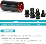 DURAFORCE Inline Fuel Filter High Flow 100 Micron Reusable AN6 AN8 AN10 Adapter Black &Red