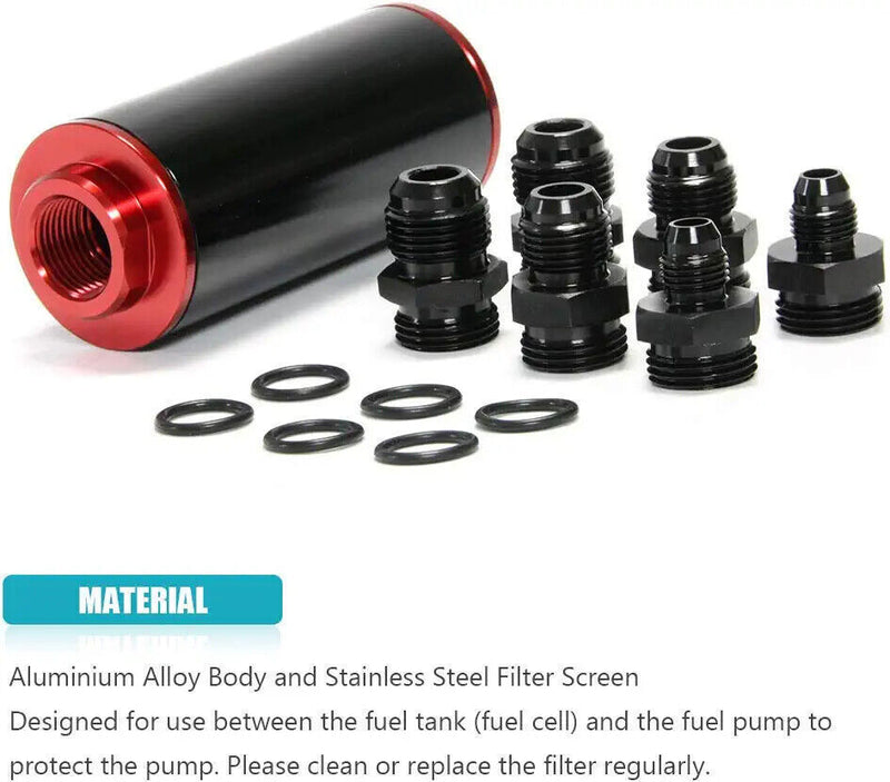 DURAFORCE Inline Fuel Filter High Flow 100 Micron Reusable AN6 AN8 AN10 Adapter Black &Red