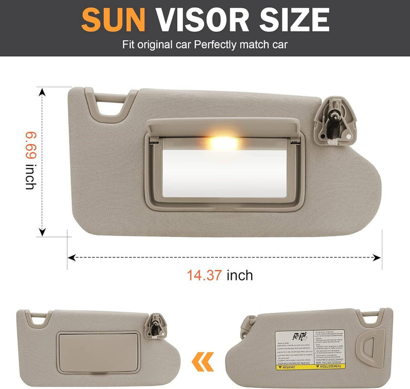 DURAFORCE 1 Pair Beige Sun Visor Driver & Passenger w/ Light For Nissan Altima 2013-2018