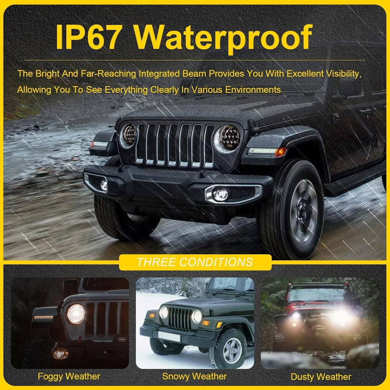 DURAFORCE Pair 7" Inch Round LED Headlights Halo Angle Eyes For Jeep Wrangler JK LJ TJ CJ