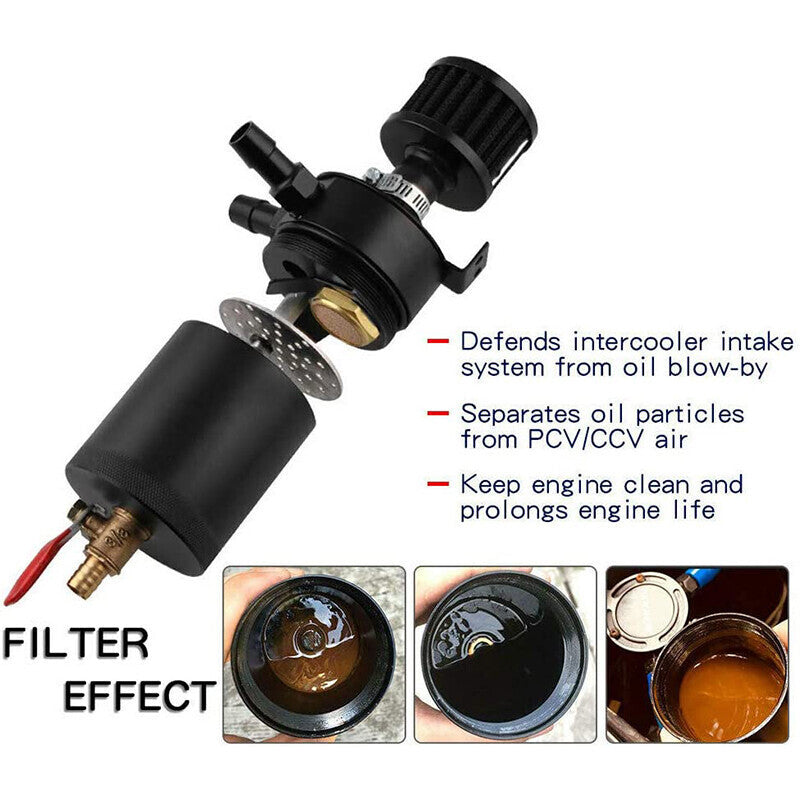 DURAFORCE 2 Port Reservoir Baffled Tank Oil Catch Can with Drain Valve Breather Black New