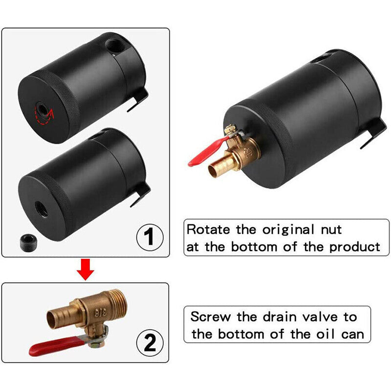 DURAFORCE 2 Port Reservoir Baffled Tank Oil Catch Can with Drain Valve Breather Black New
