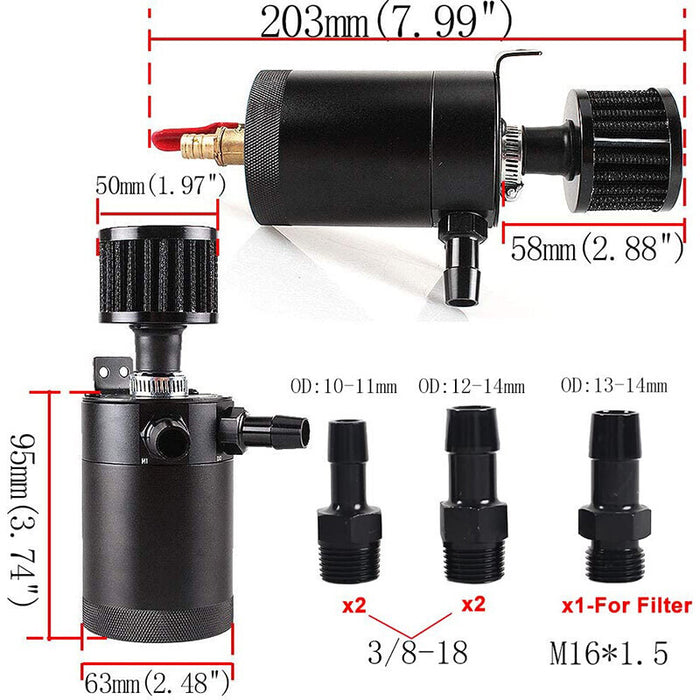 DURAFORCE 2 Port Reservoir Baffled Tank Oil Catch Can with Drain Valve Breather Black New
