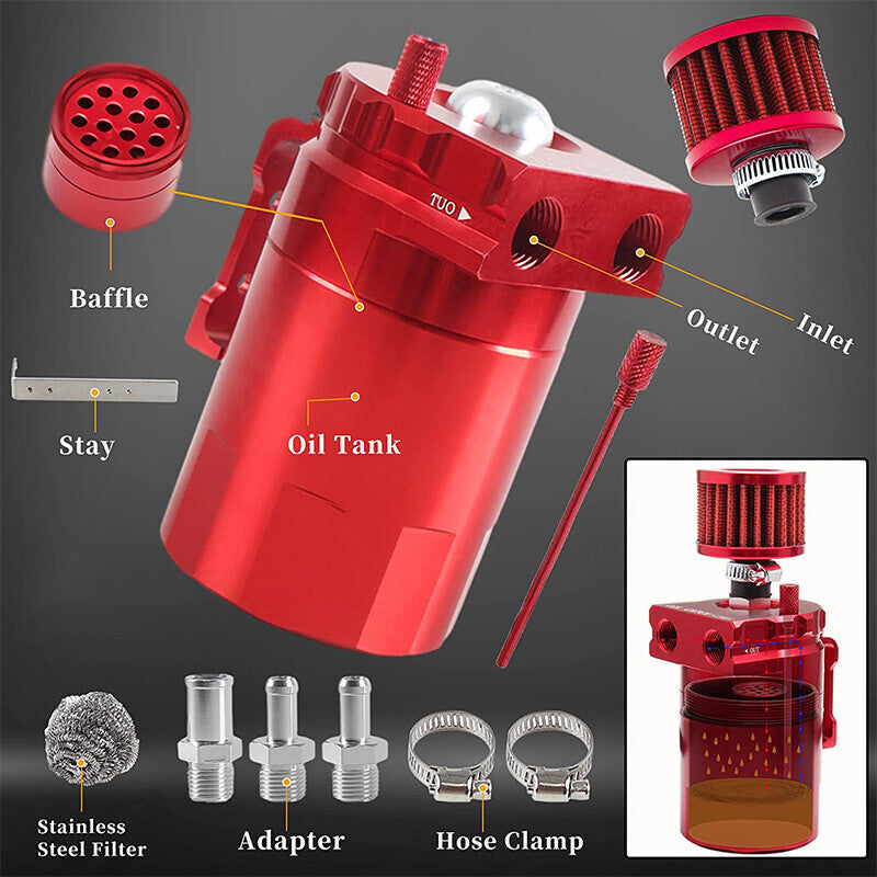 DURAFORCE Oil Catch Can Kit Reservoir Red Tank with Breather Filter Universal Aluminum