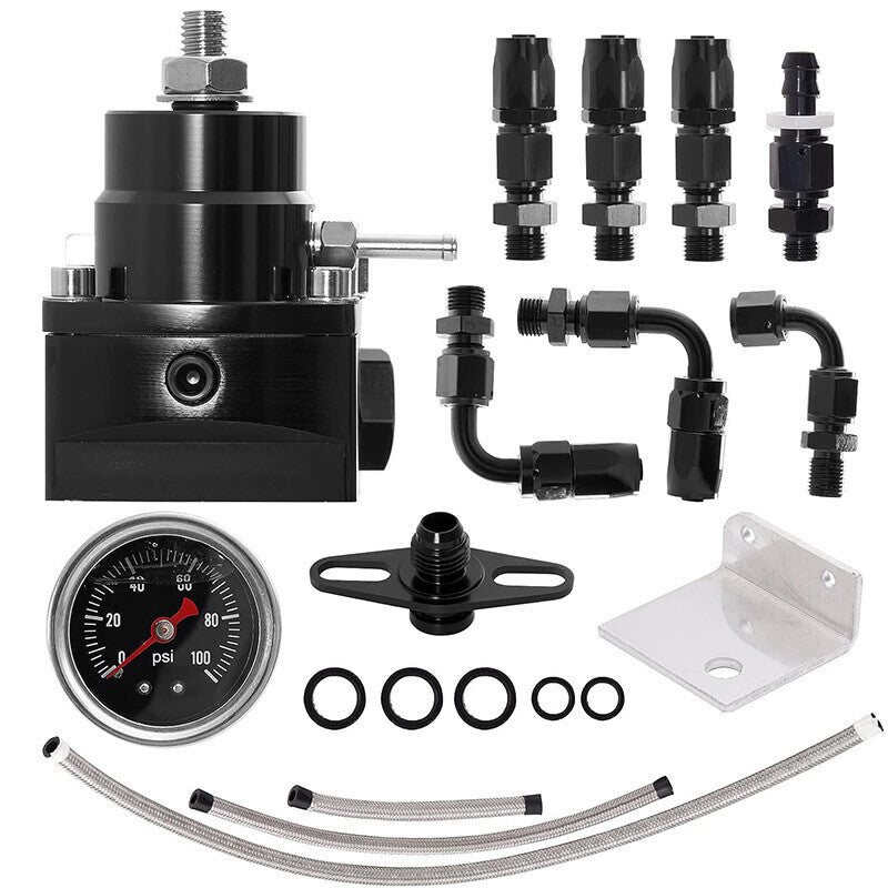 DURAFORCE Universal Adjustable Fuel Pressure Regulator Kit 100psi Guage AN6 Fitting Black