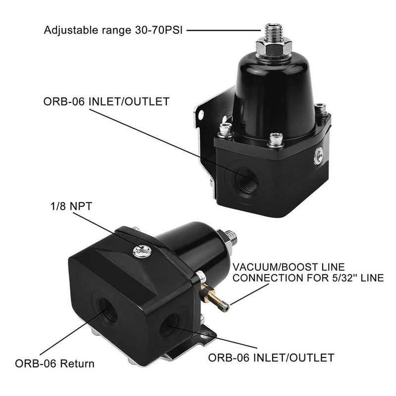 DURAFORCE Universal Adjustable Fuel Pressure Regulator Kit 100psi Guage AN6 Fitting Black