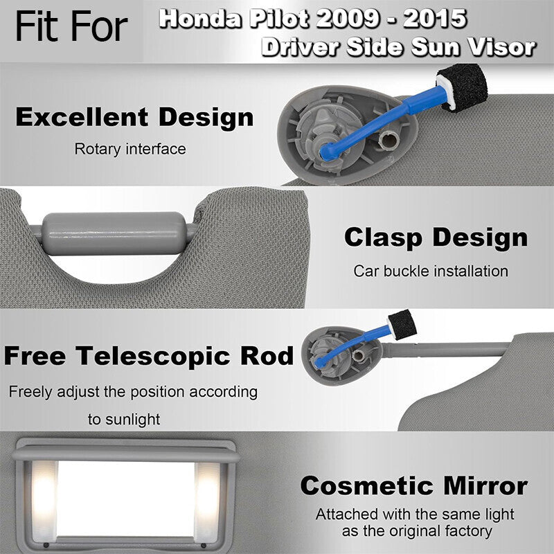 DURAFORCE Left Driver Side Sun Visor w/ Light For Honda Pilot 2009-2015 83280SZAA01ZA