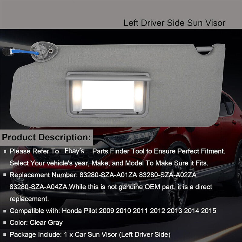 DURAFORCE Left Driver Side Sun Visor w/ Light For Honda Pilot 2009-2015 83280SZAA01ZA