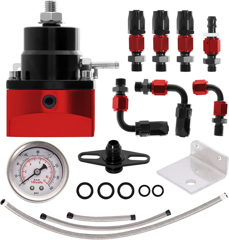 DURAFORCE Black-Red Adjustable Fuel Pressure Regulator Kit Oil 0-100psi Gauge -6AN 6AN