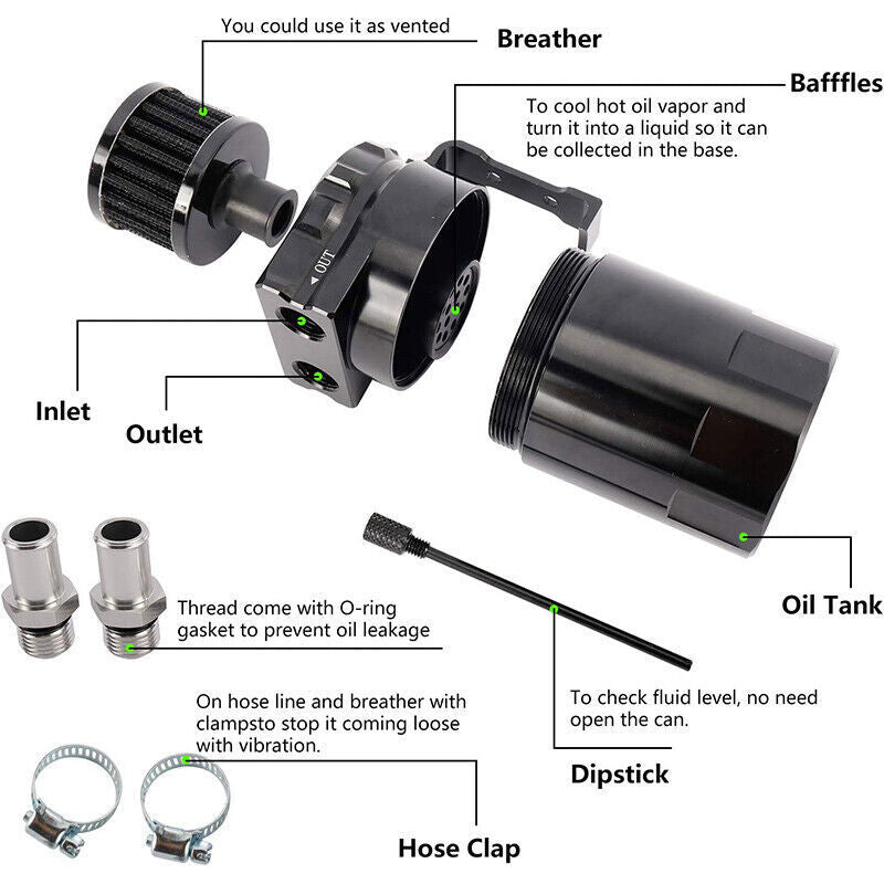 DURAFORCE Engine Oil Catch Can Tank Kit with Breather Filter 300ml Aluminum Polish Black