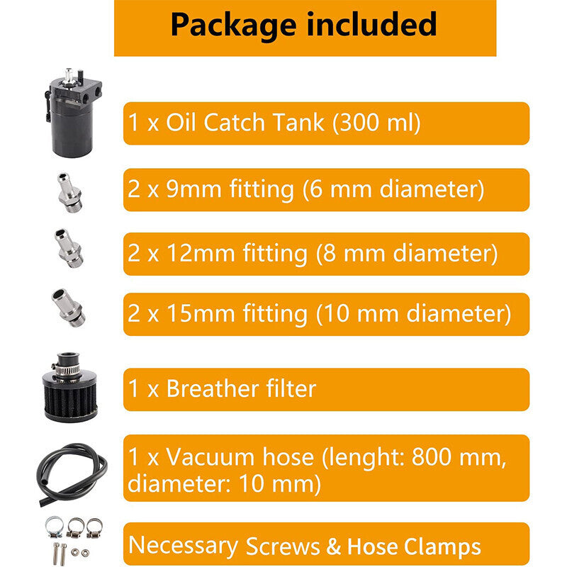 DURAFORCE Engine Oil Catch Can Tank Kit with Breather Filter 300ml Aluminum Polish Black