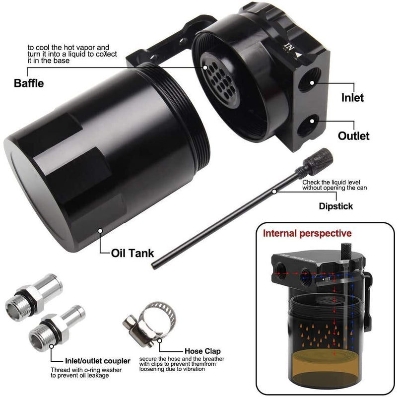 DURAFORCE Engine Oil Catch Can Kit Baffled Reservoir Tank Aluminum with Fuel Line Black