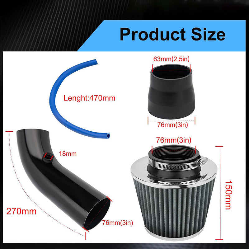 DURAFORCE Aluminum 3" Universal Cold Air Intake Induction Hose Pipe Car Kit Filter