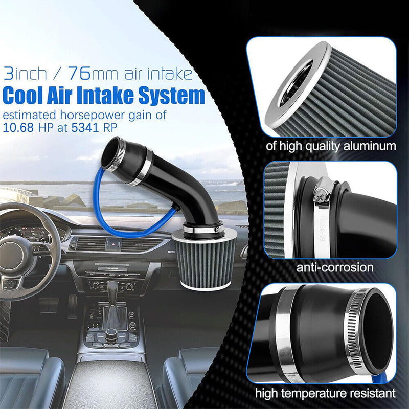 DURAFORCE Aluminum 3" Universal Cold Air Intake Induction Hose Pipe Car Kit Filter