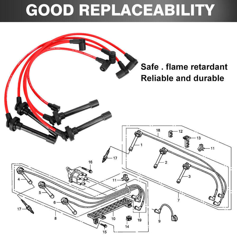 DURAFORCE Spark Plug Wire Set For Honda Civic Del Sol 1992-00 EG EK EJ D15/d16 Spiral Core