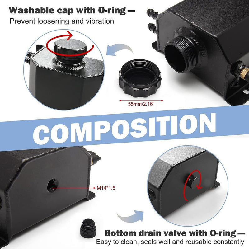 DURAFORCE Car Universal 1L Engine Radiator Coolant Overflow Tank Expansion Reservoir Black
