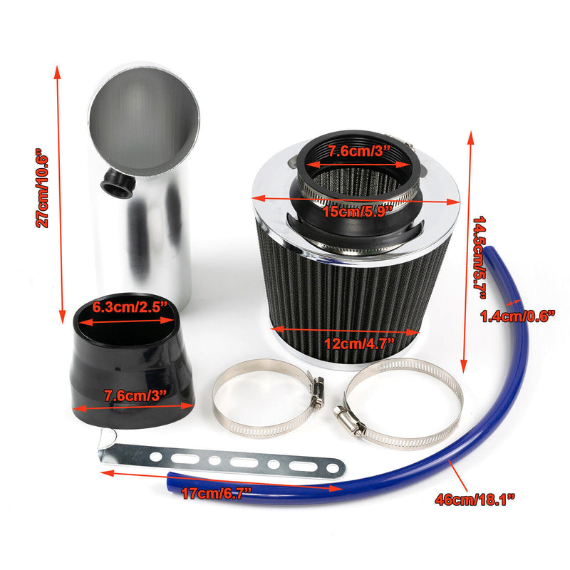 DURAFORCE Automotive 3" Universal Cold Air Intake Kit Induction Flow Pipe Kit Aluminium