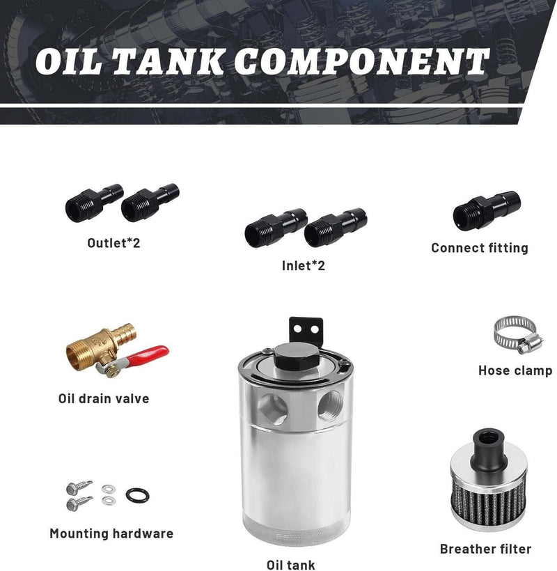 DURAFORCE 2 Port Reservoir Baffled Tank Oil Catch Can with Drain Valve Breather Polished