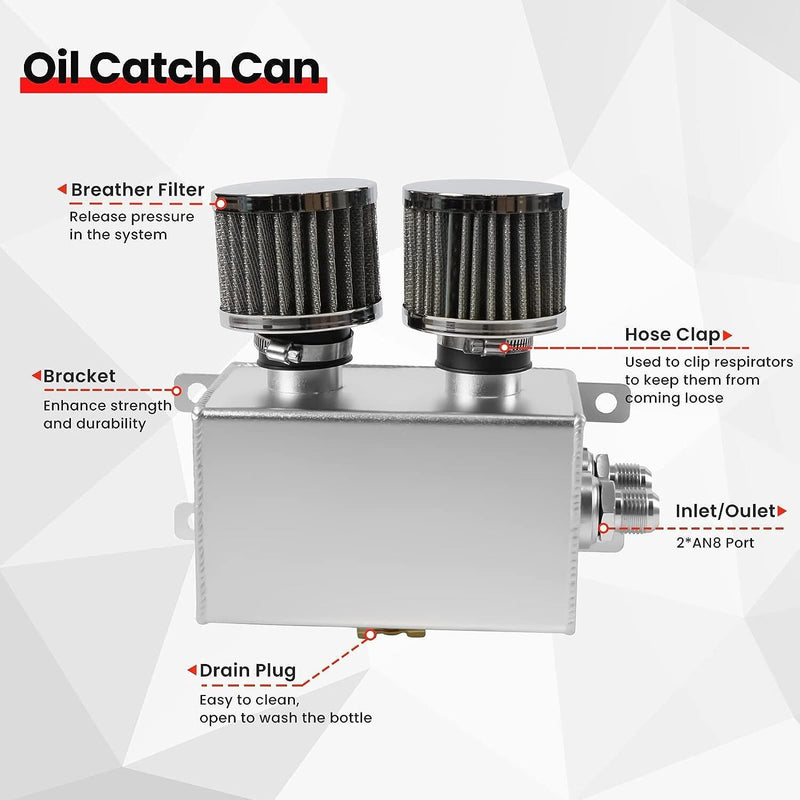 DURAFORCE 1.2L-10AN Oil Catch Can Baffled 2Port Reservoir Tank+Dual Breather Filter Sliver