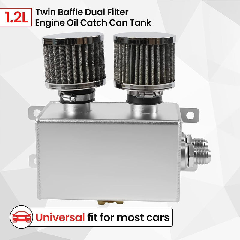 DURAFORCE 1.2L-10AN Oil Catch Can Baffled 2Port Reservoir Tank+Dual Breather Filter Sliver