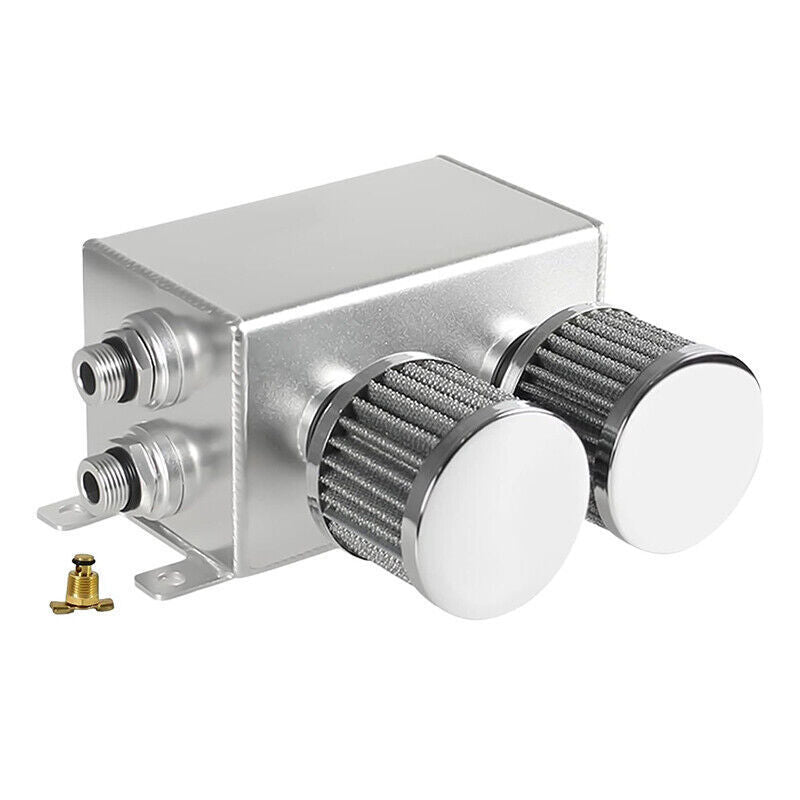 DURAFORCE 1.2L-10AN Oil Catch Can Baffled 2Port Reservoir Tank+Dual Breather Filter Sliver