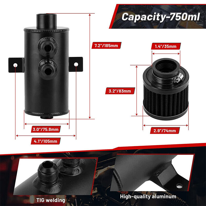 DURAFORCE 750ml 10AN Oil Catch Can Reservoir Tank & Breather Filter Baffled Aluminum Black