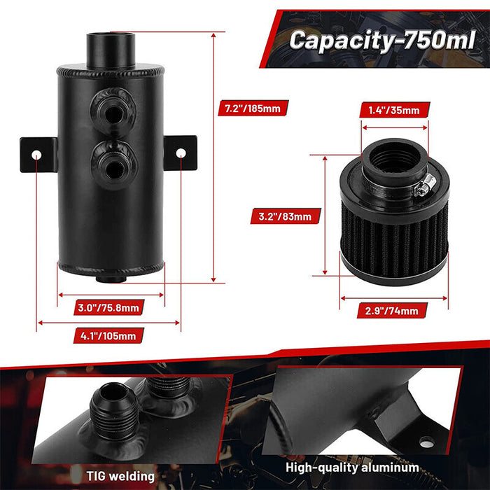 DURAFORCE 750ml 10AN Oil Catch Can Reservoir Tank & Breather Filter Baffled Aluminum Black