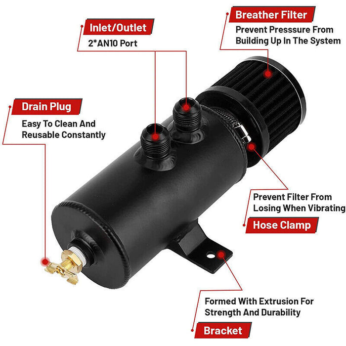 DURAFORCE 750ml 10AN Oil Catch Can Reservoir Tank & Breather Filter Baffled Aluminum Black