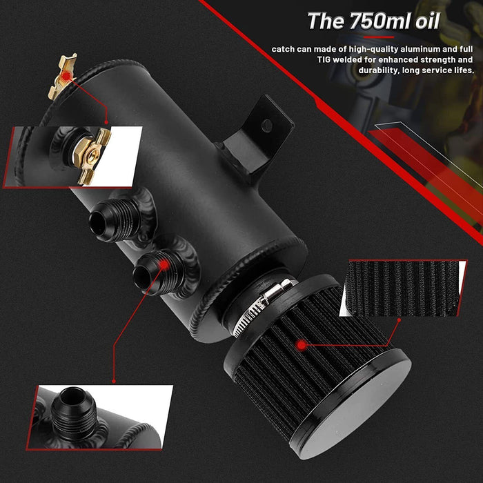 DURAFORCE 750ml 10AN Oil Catch Can Reservoir Tank & Breather Filter Baffled Aluminum Black
