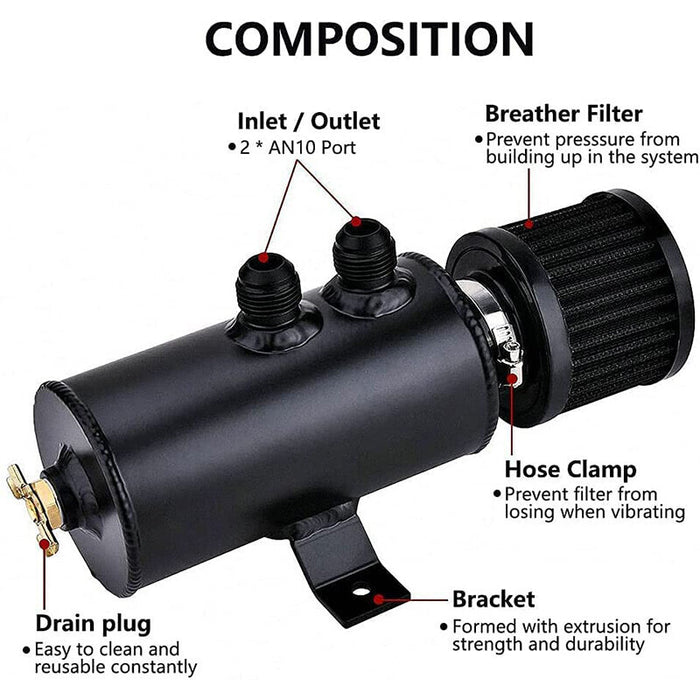 DURAFORCE 750ml 10AN Oil Catch Can Reservoir Tank & Breather Filter Baffled Aluminum Black