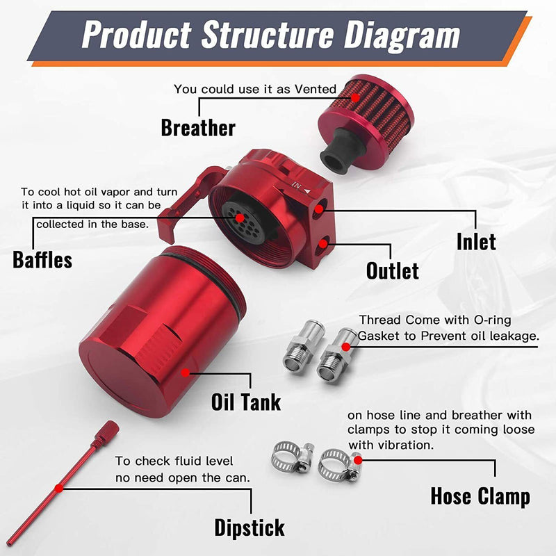 DURAFORCE Universal Car Oil Catch Can Kit Reservoir Baffled Tank with Breather Filter Red