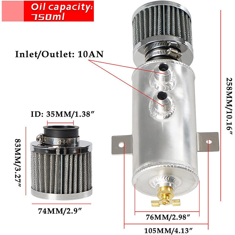 DURAFORCE Car Engine 750ml 10AN Oil Catch Can Reservoir Tank + Breather Filter Baffled Kit