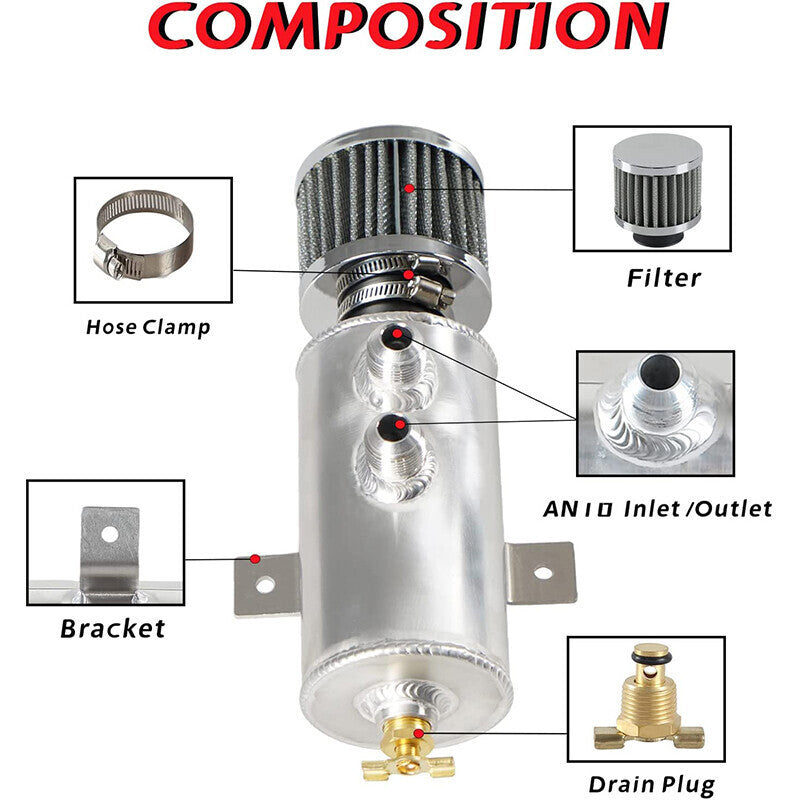 DURAFORCE Car Engine 750ml 10AN Oil Catch Can Reservoir Tank + Breather Filter Baffled Kit